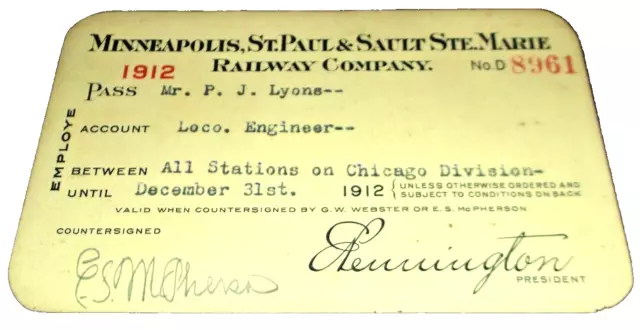 1912 Soo Line Railway Employee Pass #8961