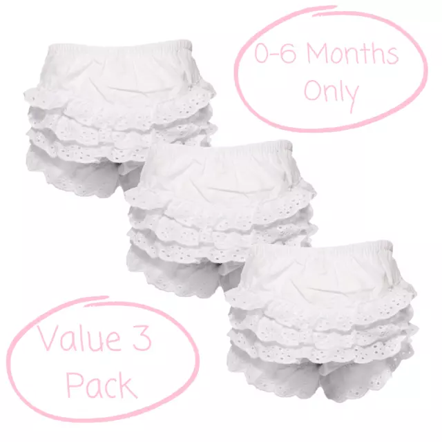 Baby Girls Cotton Frilly Bum Pants White Broderie Anglaise Knickers 0-6M, 3 Pack