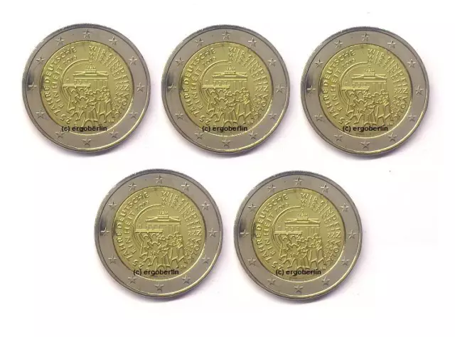 5 x 2 Euro Gedenkmünze Deutschland 2015 ADFGJ 25 Jahre Deutsche Einheit