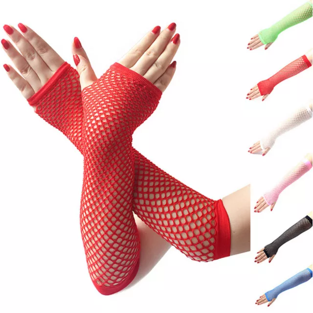 Ladies Girls Neon Sexy Long Fingerless Fishnet Lace High Elasticity Gloves