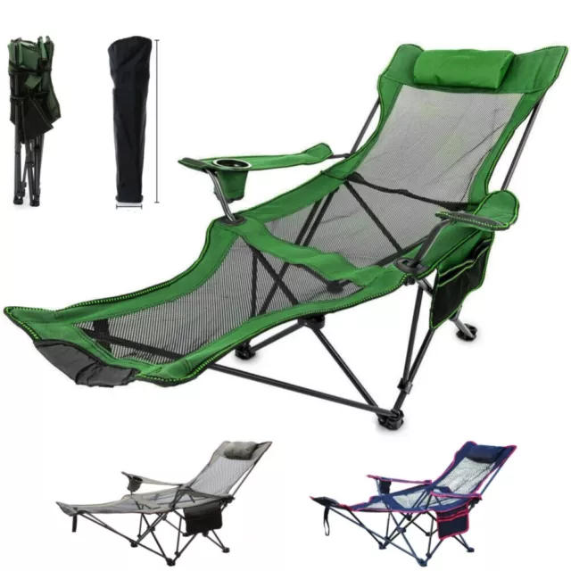 Portable Lounge Folding Beach Chair Camping Reclining Positions Chaise w/ Pillow