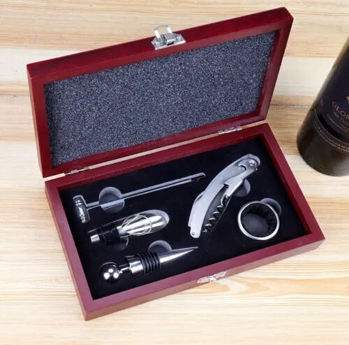 5 pc Wine Opener Corkscrew Gift Set Christmas Gifts Wooden Box Smooth Finishing