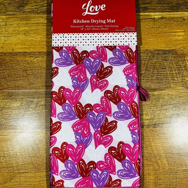 Alfombra de secado de platos del Día de San Valentín 18""x24"" corazones rosa rojo formas de amor aniversario