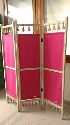 paravento legno tessuto rosa snodabile casa negozio vetrina moda
