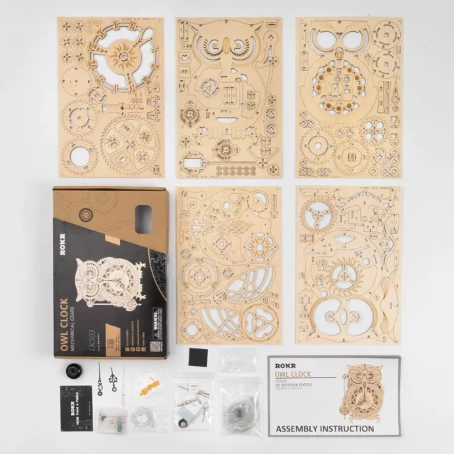 ROKR 3D Wooden Puzzle Laser-Cut Jigsaw Pendulum Owl Clock Model Kits Collection