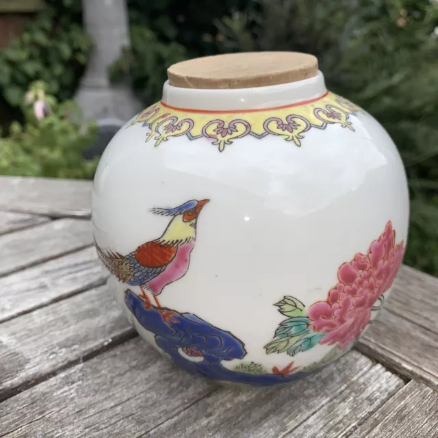 Vintage Chinese Bird & Peony Blossom Porcelain Enamelled Ginger Jar Cork Lid