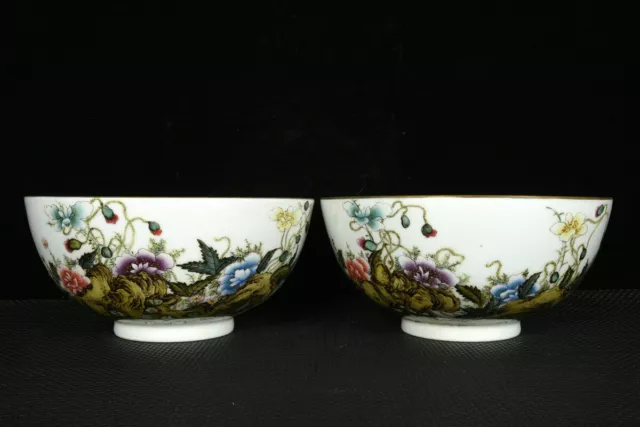5"Old dynasty Porcelain qianlong mark pair colour enamels Butterfly Flowers bowl