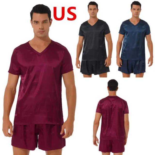 US Mens Pajamas Set Satin Short Sleeve Tops and Shorts Sets Sleepwear Loungewear