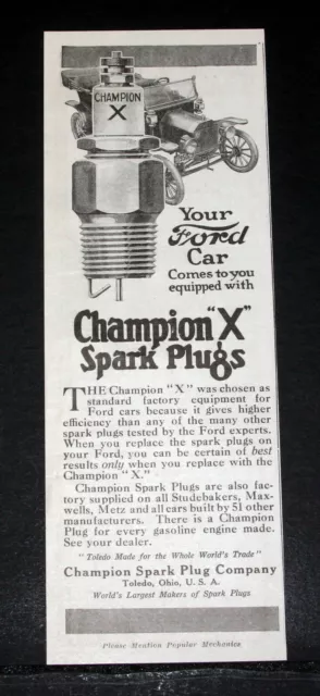 1914 Old Magazine Print Ad, Champion "X" Spark Plugs Equipped In Your Ford Car!