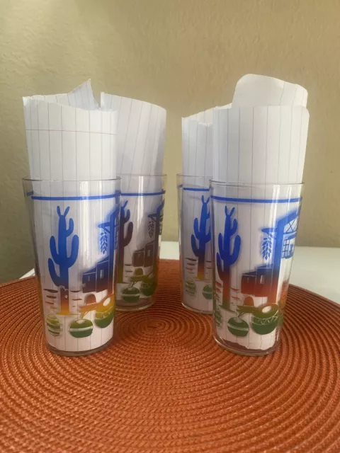 VTG Cactus Case Southwest Glasses art HTF Rare Palm Trees Set Of 4 Colorful EUC