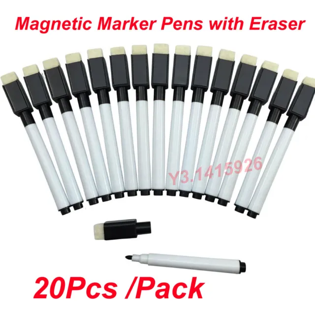 20Pcs Black Magnetic Dry Wipe White Board Marker Magnet Pens Built in Eraser New