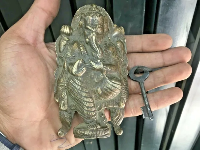 Vintage Old Rare Handmade Brass Ganesh Figure Padlock With Key Rich Old Patina