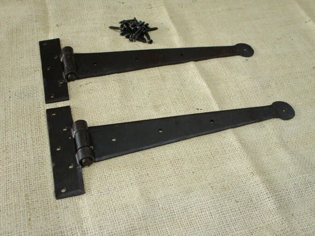 2 Primitive Hand Forged Iron Hinge Hinges Door Cabinet Iron 12" Doors Round End 2