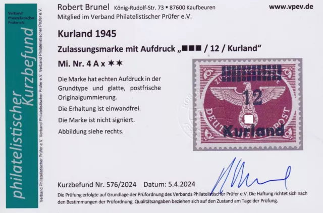 Kurland Deutsche Besetzung 1945 Mi.Nr. 4 Ax postfrisch ** MNH Fotobefund