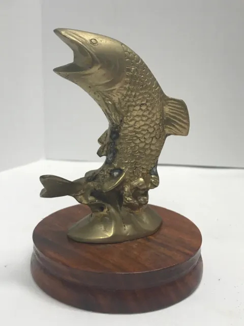 Brass Bass Fish Paperweight Statue Figurine Wave Wood Base 4.5” Tall Vintage