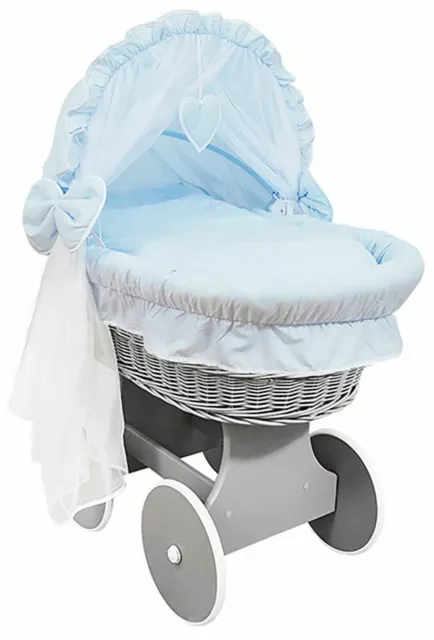 Grey Wicker Wheels Crib/baby Moses Basket + Complete Bedding Blue/cotton