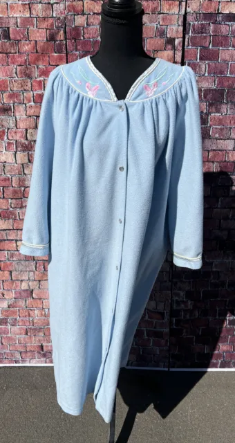 Vtg Ashley Ames Long Blue Fleece House Coat Nightgown Satin Trim Large