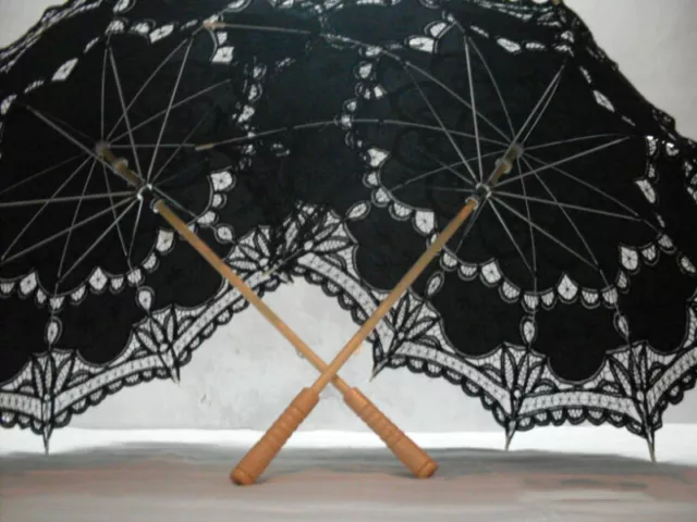 Black Lace Umbrella Sun Parasol Victorian Wedding Cosplay Lace Cotton Wood Metal