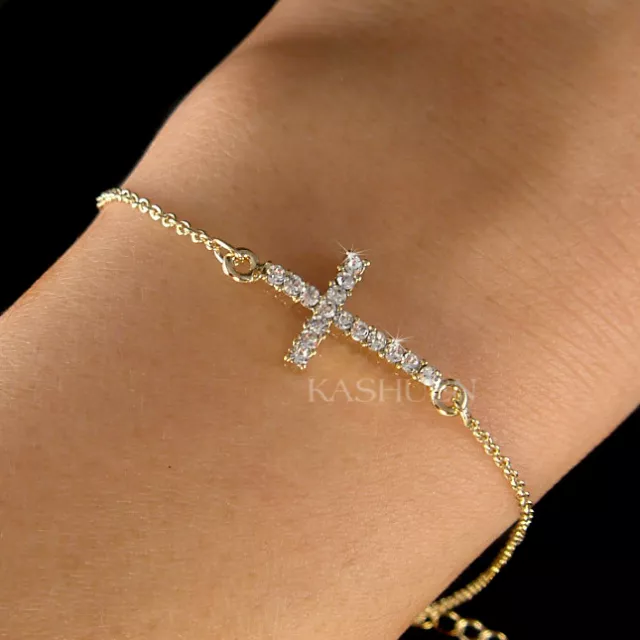 Zierliche Seitliche Kreuz mit Swarovski Kristall Religiös Goldkette Armband