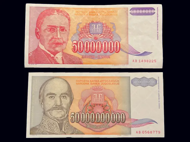 Yugoslavia 50 Million & 50 Billion Dinara 1993 Circulated Banknote Currency