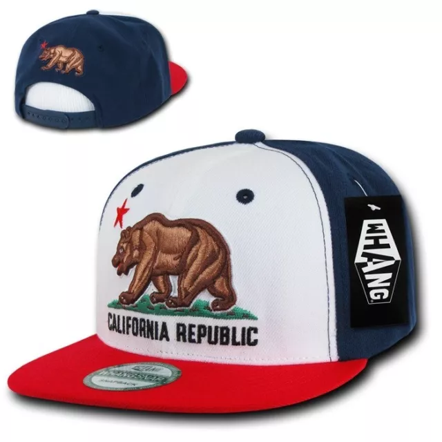 Red White & Blue California Republic Cali Bear Flag Flat Bill Snapback Cap Hat