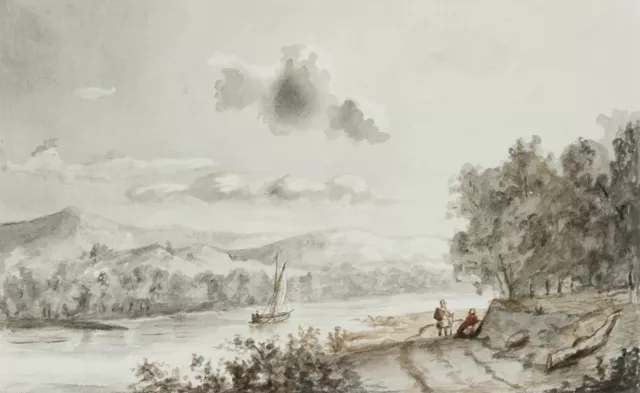 Wanderer in der Rheingegend, Aquarell Romantik Landschaft Unbekannt (19.Jhd)