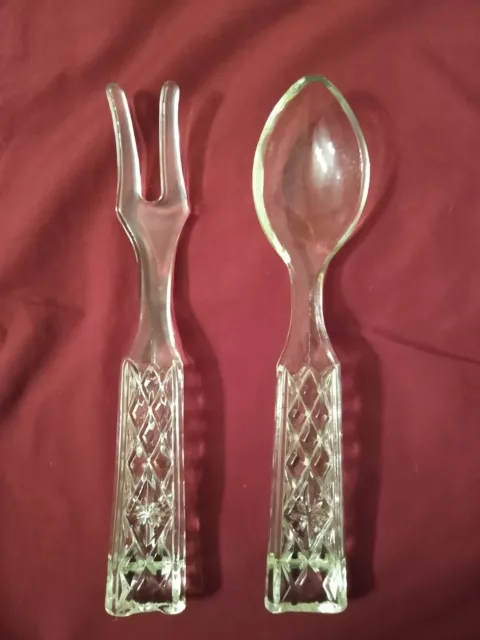 Vintage Anchor Hocking Wexford Clear Glass Salad Set Fork Spoon 9.75"