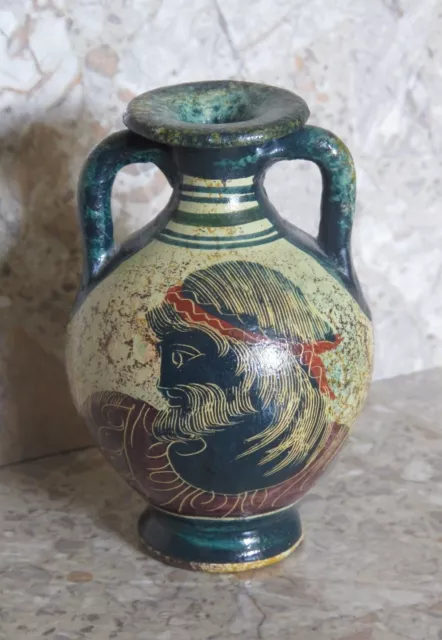 VTG Greek Greece Painted Redware 500 BC Souvenir Mini Pottery Vase Zeus 3.5"