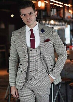 Mens Cavani Dogtooth Check Tweed 3 Piece Formal Smart Wedding Suit Skinny Fit