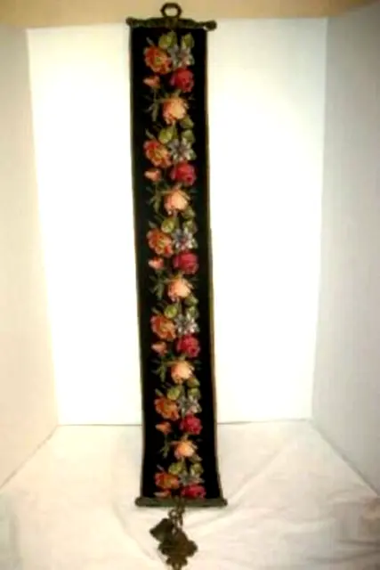 Vintage Needlepoint Bell Pull Roses Flowers Ornate Brass Hardware Bell Velvet