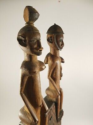 African Tribal Art Hand Carved Wood Sculpture. Sitting Warrior couple 18.5" tall 2
