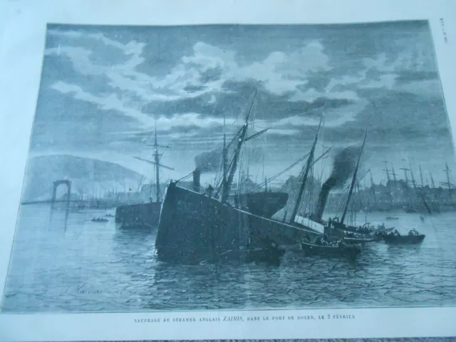 1880 engraving - Sinking of the English Steamer Zaimis in the port of Rouen
