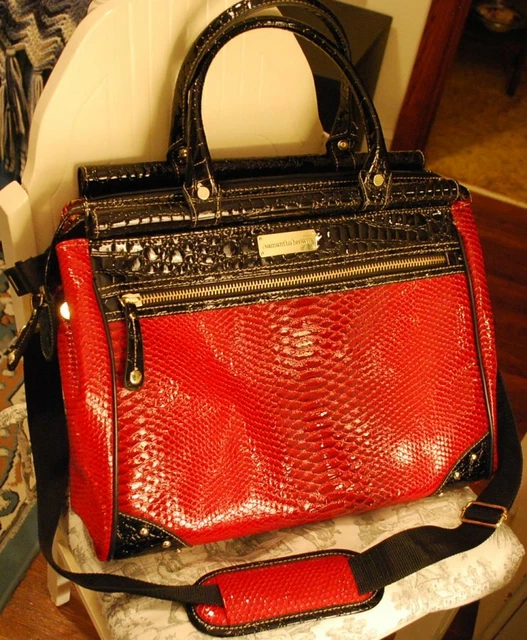 Samantha Brown RED & BLACK Lg Dowel Bag CROCO EMBOSSED Super Rare MINT CONDITION