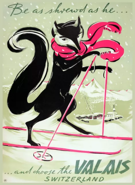 Decoration Poster.Home room art.Interior design.Fox skiing.Valais ski.Scarf.7274