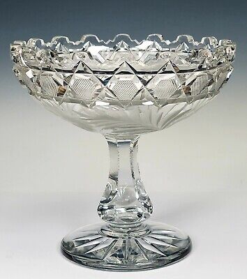 American Brilliant Abp Abcg Cut Glass Engraved Flowers Compote