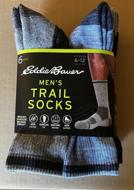 NEW Eddie Bauer Mens Trail Socks 6-Pack Mens Size 6-12.