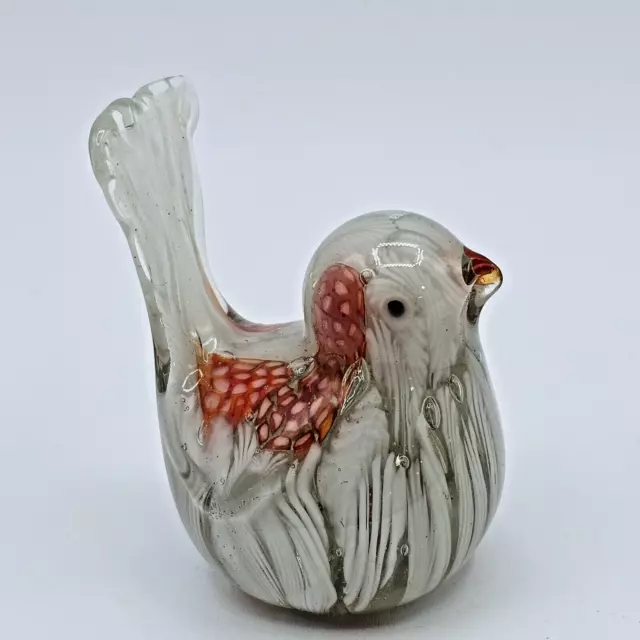 Blown Glass Bird Figurine Art Glass Feathered Small Paperweight White Orange