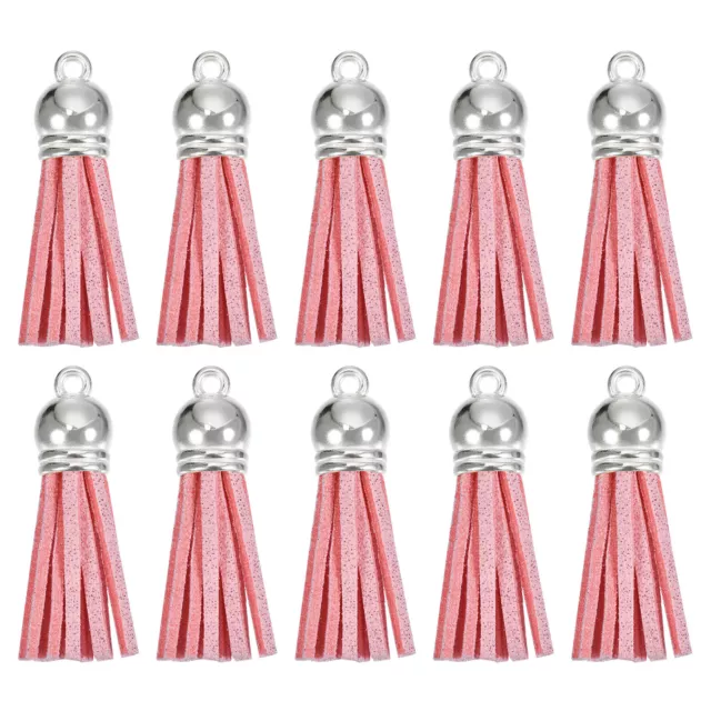 20Pcs 1.5" Leather Tassels Keychain Charm with Silver Cap for DIY, Pink