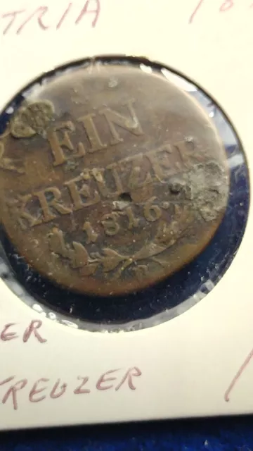 1816-B Austria Austro Hungarian Empire 1 Kreuzer Ruler Franz Ii I Crowned Shiel
