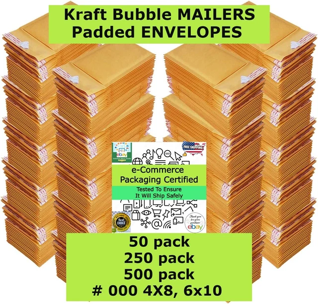 50, 250, 500 Padded ENVELOPES #000 4X8, 6x10 Kraft Bubble MAILERS Padded