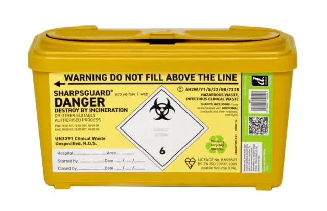 Sharpsguard Sharps Bin 1 litre -Yellow Needle Box, Medical Waste Tub Container