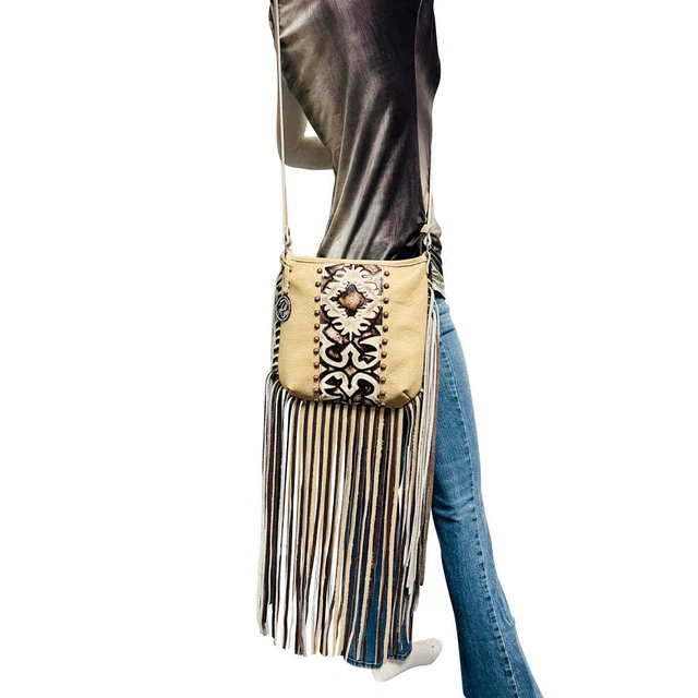 Raviani New Long Fringe Crossbody Bag In Ivory Leather W/Laredo Embossed