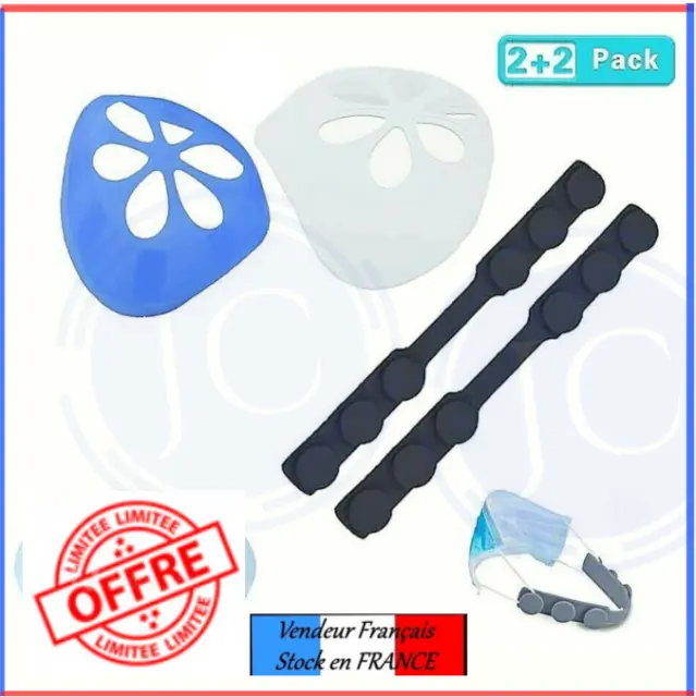 Lot de 2 supports 3D en silicone avec 2 crochets dégage-oreille pour masque JC