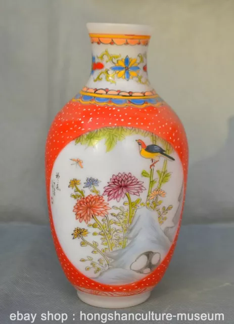 7.6" Marked Old Chinese Coloured glaze Painting Flower Bird Bottle Vase