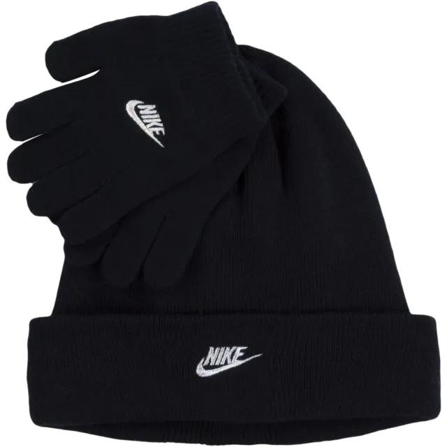 Nike Youth Girls Beanie And Glove 2-Piece Set—Black With White Logo- New!