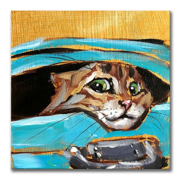 ORIGINAL OIL PAINTING Tabby Cat Funny Animals Artwork Signed MADE TO ...
