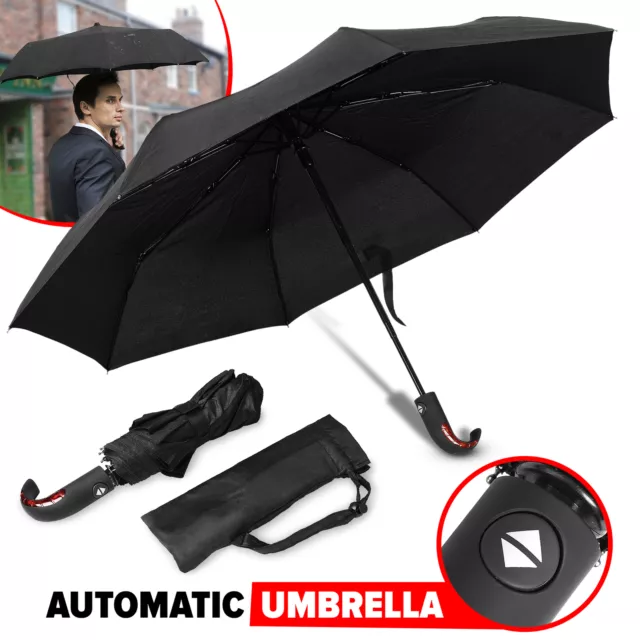 Automatic Umbrella Auto Open Close Windproof Travel Strong Compact 8 Rib Brolly