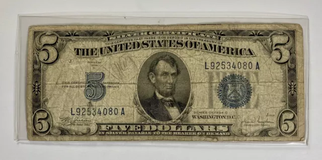 1934-C Five Dollar. Blue Seal Silver Certificate.