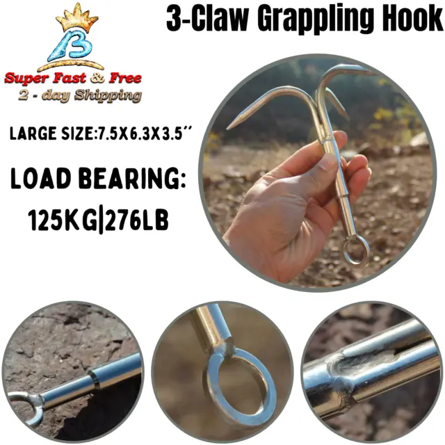 Grappling Grapnel Hook 3 Claw Stainless Steel Tree Climbing Retrieving Hook Tool