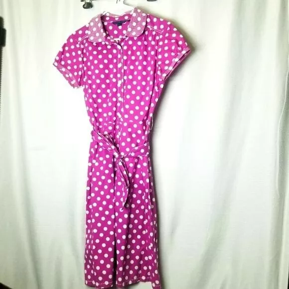 Boden dress purple ish pink polka dot white with sash waist collar e13EUC 12R